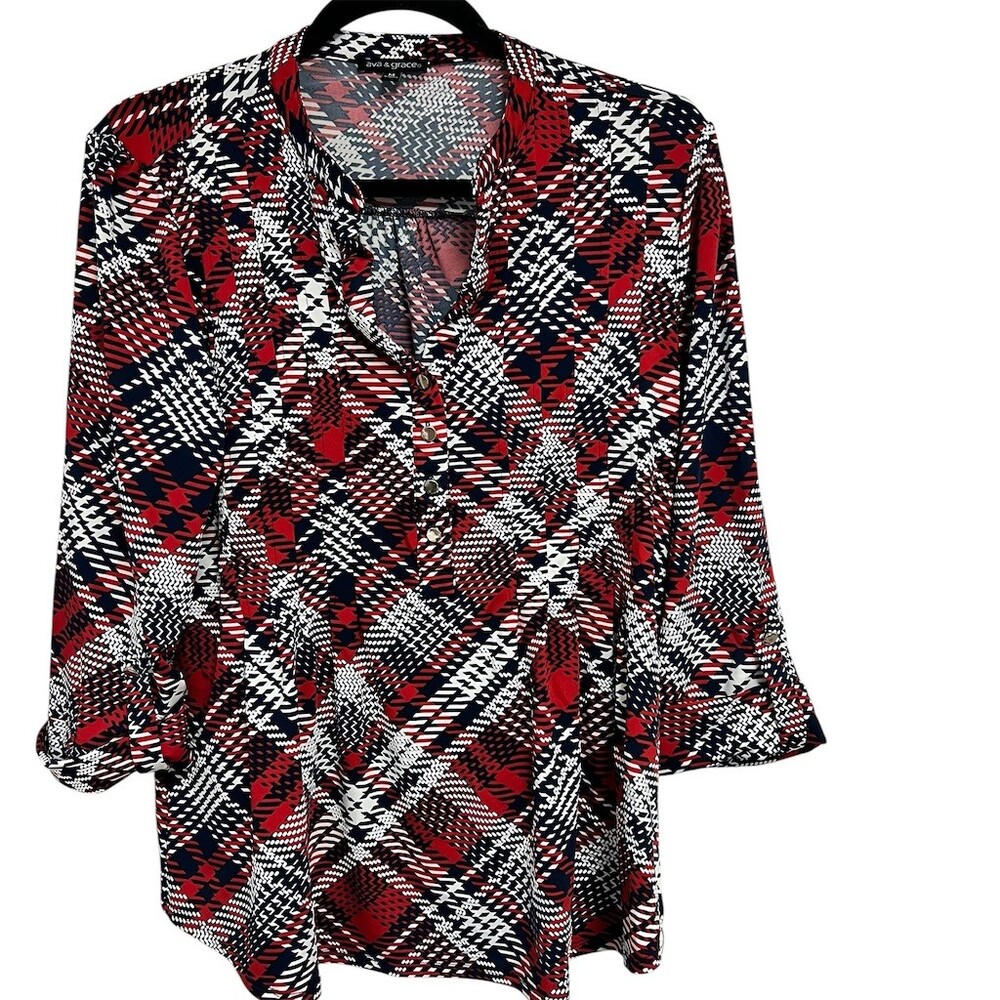 Ava & Grace Blouse Womens Size M Red Navy White Geometric Tunic Split